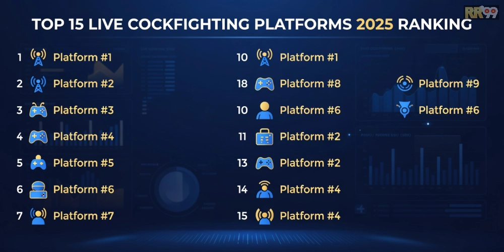 Caption: Bảng xếp hạng top 15 nền tảng xem đá gà trực tiếp uy tín năm 2025 với logo các nhà cái nổi bật